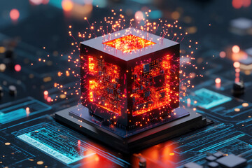 Futuristic AI processing unit with transparent design and complex data flows forming intricate patterns and light trails, symbolizing speed, power, and advanced technology