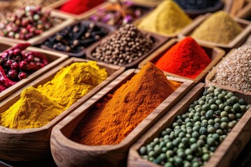 Fototapeta premium Wooden table of colorful spices