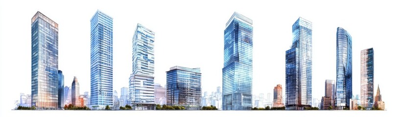 Fototapeta premium Tall office buildings in realistic images are collected on white or transparent backgrounds