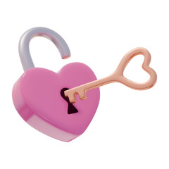 3D Pink Heart Shaped Padlock and Golden Key. Love symbol, romantic concept. Realistic vector illustration. 3D rendering icon