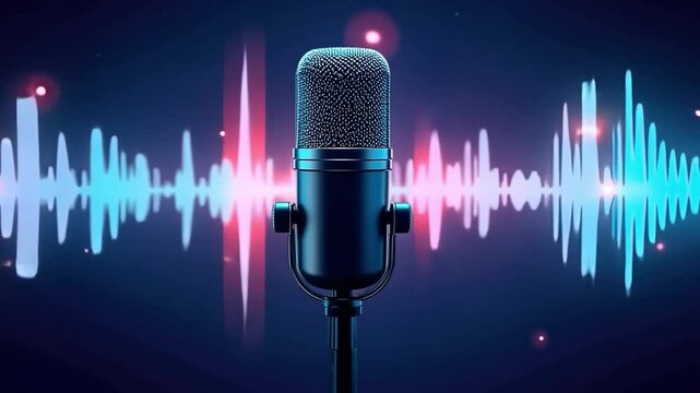 Audio Waves & Mic: A professional microphone stands front and center, capturing dynamic sound waves and pulses of audio data. The microphone's sleek design hints at high-fidelity recording.