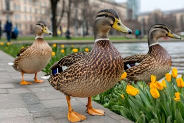 Obraz premium A peaceful urban park with blooming flowers, walking paths, and a pond full of ducks