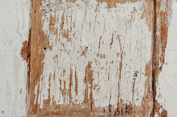 Fototapeta premium Old wooden surface with cracked paint, white and brown shades, wood texture, worn look, retro, vintage, background, texture design, natural material, wooden plank, old texture, decor, detail, interior