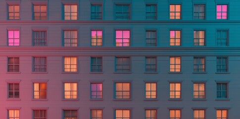 The nighttime appearance of a sleek skyscraper facade is marked by seamless integration of windows and blinds, glowing brightly against the dark black walls of a modern abstract office building,