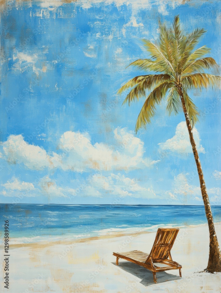 Poster relaxing beach scene with a palm tree and lounge chair overlooking the tranquil ocean on a sunny day