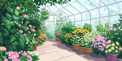 Beautiful floral display inside a greenhouse with vibrant plants and flowers in various colors