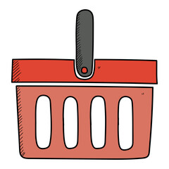 Hand drawn cartoon red shopping basket on white background.
