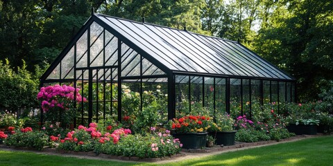Beautiful greenhouse surrounded by vibrant flowers in a sunny garden setting