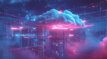 Cloud computing infrastructure with server racks and data transfer lines, futuristic cyber theme