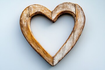 A rustic wooden heart cutout resting on a light blue background