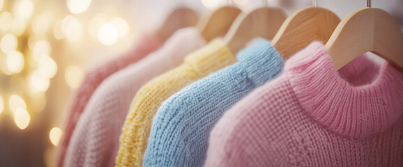 Close-up of colorful knitted sweaters in pastel shades hanging on wooden hangers, with a soft bokeh light background, showcasing cozy winter fashion and warm textures.