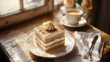 A Medovik cake in a Parisian caf&eacute;-style setting, with a cup of espresso and vintage cutlery on the side