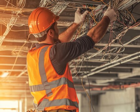 Commercial spaces are being equipped with wiring by diligent electrical engineers who demonstrate teamwork and expertise, in a busy and focused environment that underscores the importance of safety