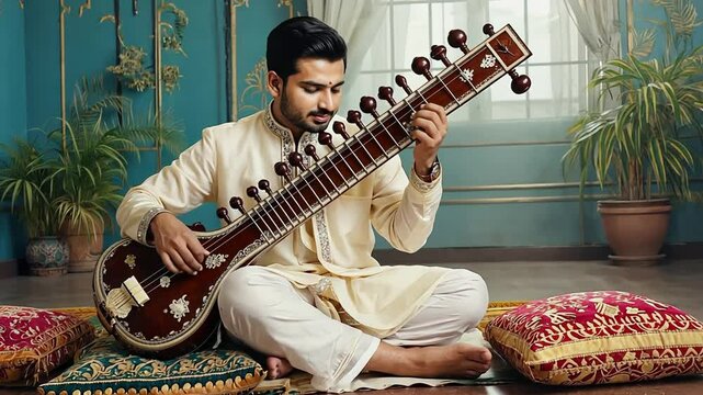 Hindu plays sitar sitting on cushions