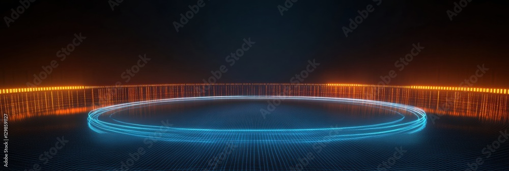 Poster bright blue and orange neon light circle on dark background for futuristic design or performance sta