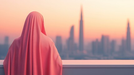 Elegant Muslim Woman in Flowy Hijab Overlooking Urban Landscape at Sunset