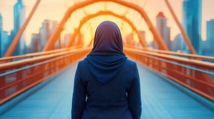 Elegant Muslim Woman in Flowy Hijab on Urban Bridge at Sunset