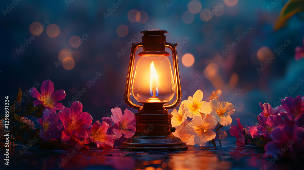 Poster a vintage lantern glowing warmly surrounded by blooming pink and white flowers, creating a serene an