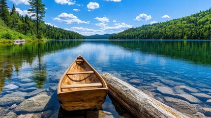 Obraz premium Tranquil Lake Scene with Wooden Rowboat