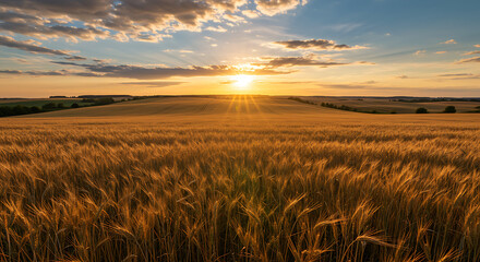 This image captures a golden wheat field bathed in the warm glow of sunset, showcasing a vast and serene scenic landscape with a distant horizon and rolling hills.