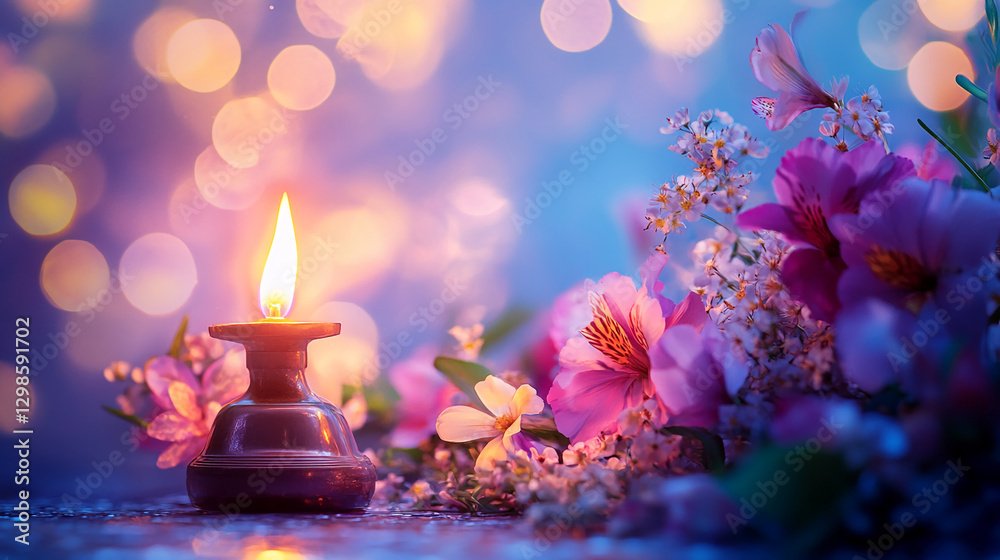 Poster a glowing oil lamp surrounded by colorful flowers, reflecting softly in water, creating a peaceful a