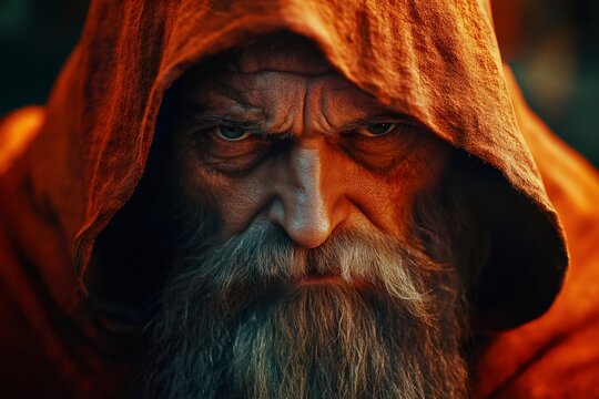 Mystical Wizard's Gaze: An imposing wizard with a long white beard, intense eyes, and draped in a hooded orange robe. The wizard's face is a portrait of ancient wisdom and power.