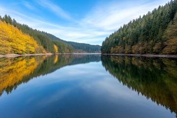 Fototapeta premium A peaceful forest lake with still waters reflecting the surrounding trees and a bright blue sky