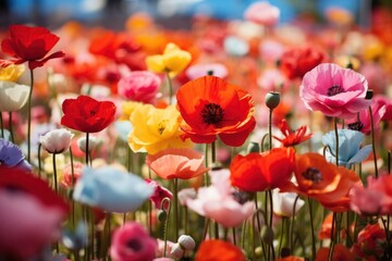 Fototapeta premium Vibrant and expansive field of garden under a bright blue petal outdoors blossom.
