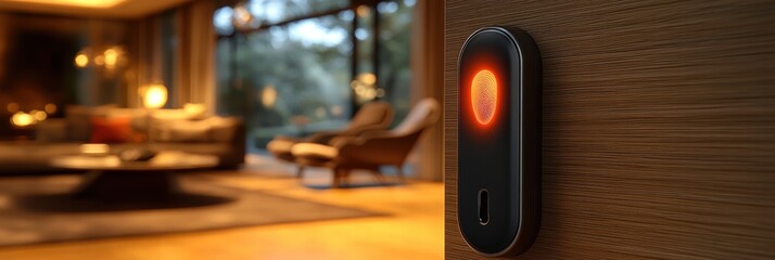 Fototapeta premium Biometric lock with fingerprint sensor at home entrance during evening