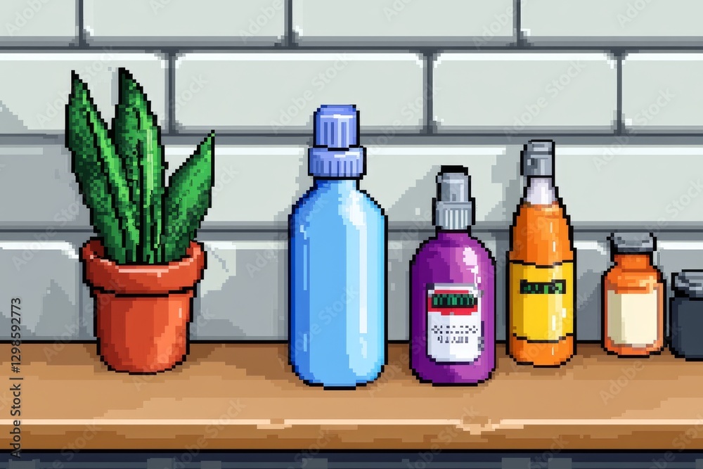 Poster A pixel art pharmacy counter with tiny pill bottles arranged neatly in a retro game style