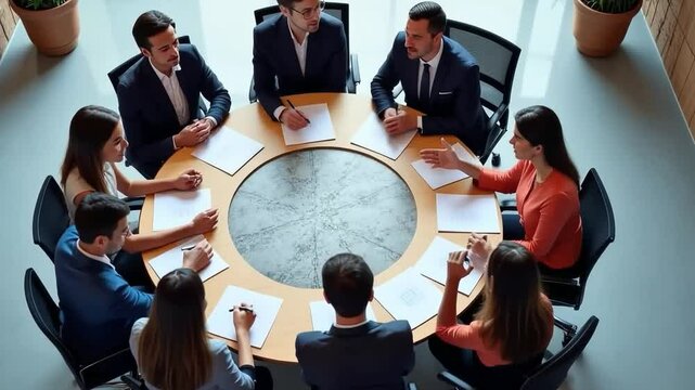 Negotiation Round: An overhead view captures a focused business meeting around a circular table. The diverse team engaged in dialogue, strategizing
