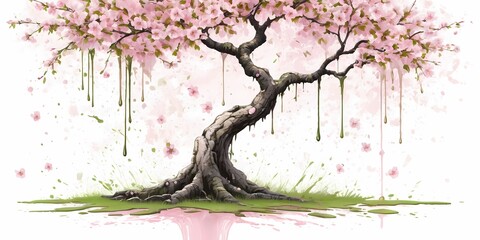 Blooming Cherry Tree in Spring on the white background