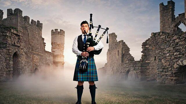 Scotsman man playing bagpipes against ruined castle backdrop