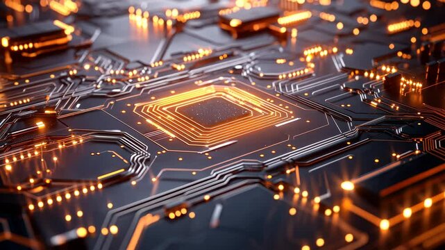 Futuristic Circuit Board with Glowing Orange Elements and Depth