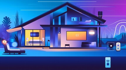 Obraz premium Smart Home Technology Pixel Art 8bit Digital Illustration Modern House Interior Automation Connected Devices IoT Futuristic Living Neon Lighting