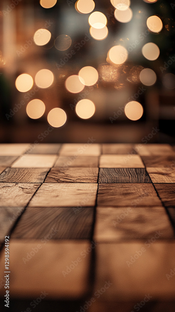 Poster close-up of a wooden chessboard with blurred golden bokeh lights in the background, symbolizing a st