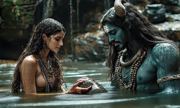 A divine moment: Shiva and Parvati in a sacred river, Indian mythology portrayed.