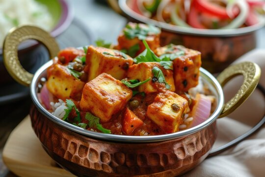 Hot madras paneer and vegetable masala with basmati rice served in original indian karahi pots.