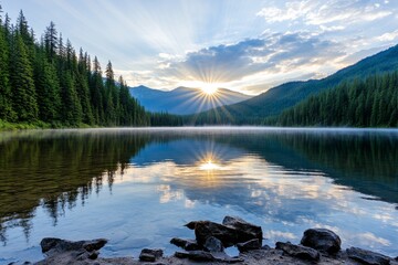 A peaceful lake at sunrise, with mist rising from the water and golden light breaking through the trees