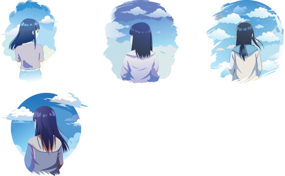 Hinata hyuga anime style  looking on blue cloudy beautiful sky watercolor vector art set design 