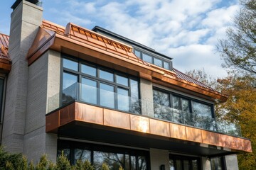 Fototapeta premium Private house featuring a shiny copper roof in a tranquil neighborhood on a clear day