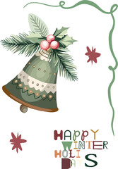 Happy New Year, Merry Christmas - a composition of Christmas tree decorations, spruce branches, berries with text in pink and green colors. Vector digital illustration in a modern, flat style