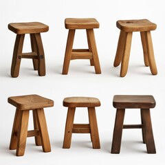 Six wooden stools of various styles and shades of light and dark brown, with a simple, slightly rustic aesthetic, arranged in a grid pattern on a plain white background