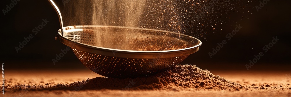 Poster Sifting flour through a mesh strainer for baking on a wooden surface in warm light. Generative AI