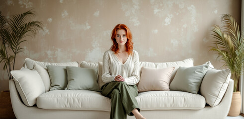 Obraz premium redhead woman sitting serene on a beige sofa