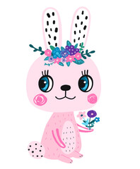 Cute hand painted pink vector bunny with floral wreath holding a flower bouquet, Kawaii rabbit, Easter animal illustration for kids and baby designs
