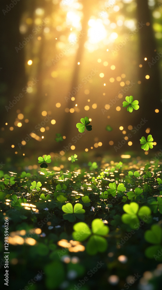 Poster close-up view of floating four-leaf clovers in a sunlit forest with golden bokeh background, symboli