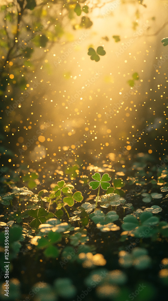 Poster Close-up of clovers in a sunlit forest with glowing particles floating in the air, symbolizing good luck, growth, and natural beauty in a magical, serene atmosphere.