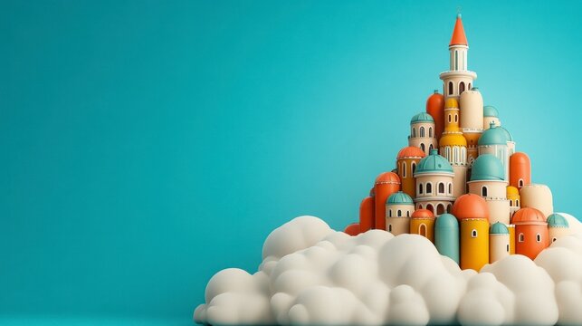 Whimsical Pastel Town on Clouds, Light Blue Background