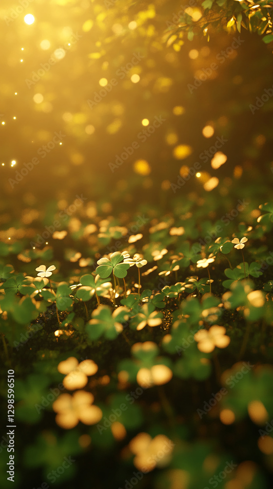 Poster close-up of clovers illuminated by sunlight, floating in the air with golden glowing particles, symb